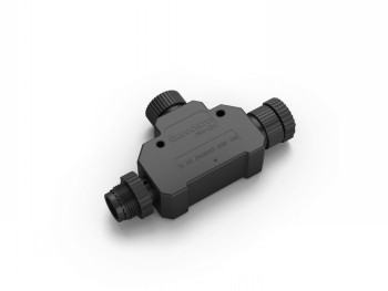 A black Philips Hue T-connector with two connection parts on both sides and a matte finish.