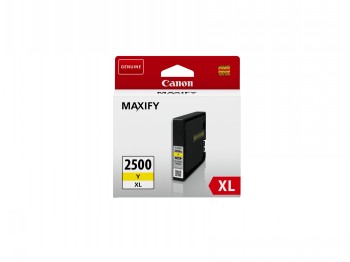 Canon PGI-2500XL Y ink cartridge with a yellow label, black casing, white packaging.