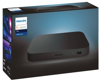 Philips Hue HDMI Sync Box packaging on a black background with a bright color effect.