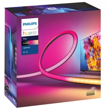 Philips Hue Play Gradient Lightstrip 75-inch package, displaying the lightstrip and a TV with a colorful background.