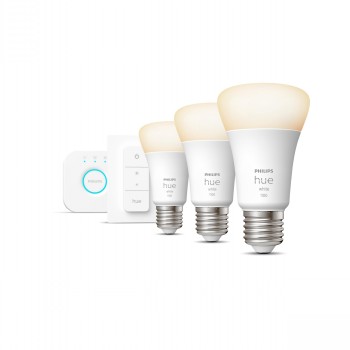 Three Philips Hue smart bulbs with E27 base, white bridge, and a switch on a white background.