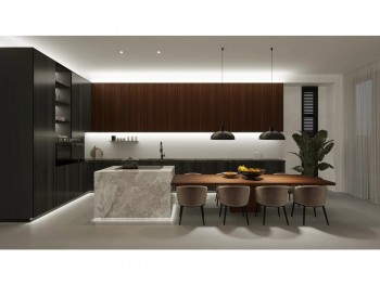 Philips Hue Lightstrip lighting for a modern kitchen A modern kitchen with a Philips Hue Lightstrip illuminating the bottom of the cabinet and the edges of the countertop, creating an ambient glow.