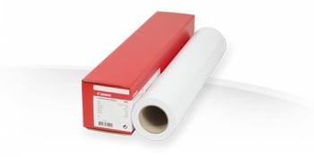Red Canon package and a white matte paper roll in a horizontal position.