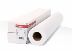 A white matte-coated paper roll and Canon packaging, placed on a light surface.