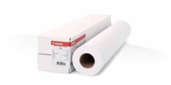 Canon matte-coated paper roll for large format printers A white matte-coated paper roll and Canon packaging, placed on a light surface.