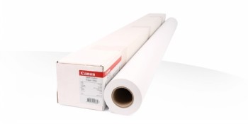 White Canon scrim banner vinyl roll and product packaging, side view.