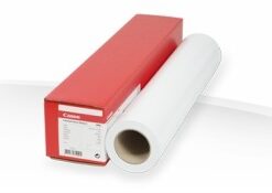 Red and white Canon photo paper package and glossy white paper rolled up.