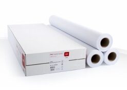 Three paper rolls for large format printers and a white package with a Canon logo on a white background.