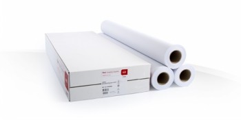 Three paper rolls for large format printers and a white package with a Canon logo on a white background.