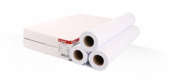 Canon 1570B large format printer paper rolls and box Three white large format printer paper rolls and a Canon-branded box in the background.