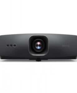 Black Benq projector straight from the front, large lens in the center and minimalist design.