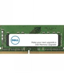 Green DELL SODIMM DDR5 memory module with a white label and Dell logo in the center. Front view.