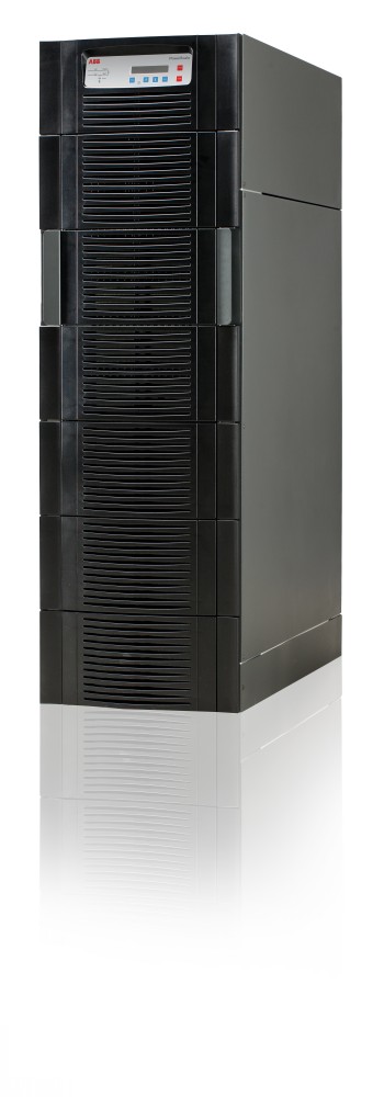 Black and vertical ABB POWERSCALE UPS 25 kVA power supply in cabinet model, front and side profile visible.