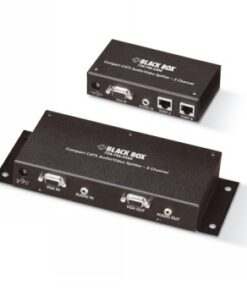 Small and compact black Cat5 audio/video splitter with two channels and connection ports such as VGA and audio ports.