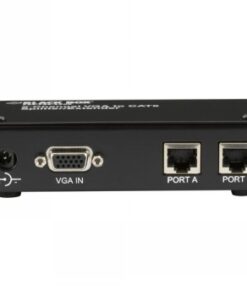 Black 2-channel Mini CAT5 VGA splitter/extender with VGA IN port and two RJ45 ports on the front panel.