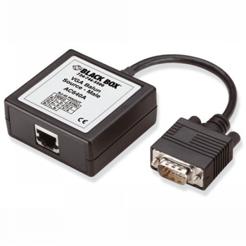 Connections of a balun suitable for VGA source with a black casing, RJ45 and male VGA, black cable.