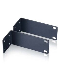 Long black metal brackets with holes and curved edges, for installation in a 19-inch rack.