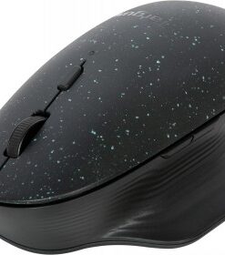 Targus ErgoFlip EcoSmart mouse for left- and right-handed users Black, ergonomically designed wireless mouse with green dots, pictured from an angled view.