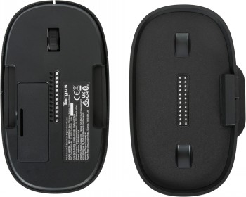 Targus ErgoFlip EcoSmart wireless mouse, ergonomic and eco-friendly. Wireless Targus ErgoFlip EcoSmart mouse top and bottom view, black ergonomic design.