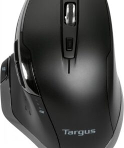Targus Bluetrace wireless antimicrobial mouse, black. Black wireless Targus mouse, ergonomic design and silver logo visible from the top view.
