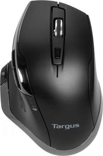 Targus Bluetrace wireless antimicrobial mouse, black. Black wireless Targus mouse, ergonomic design and silver logo visible from the top view.