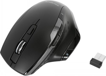 Targus Bluetrace wireless antimicrobial mouse, black The top of a black wireless computer mouse, ergonomic design, and USB receiver.