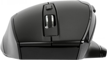 Targus BlueTrace wireless mouse - ergonomic and antimicrobial. Side profile of a black Targus BlueTrace wireless mouse, ergonomic design and scroll wheel.