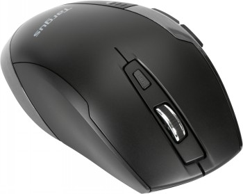 Targus Bluetrack Wireless Antimicrobial Mouse, black ergonomic mouse The top of a black wireless Targus mouse, featuring a scroll wheel and buttons.