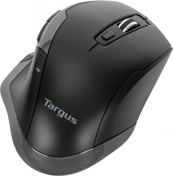 Targus BlueTrace wireless antimicrobial mouse with ergonomic design A black wireless Targus mouse with an ergonomic design and antimicrobial treatment, pictured from the top-right corner...