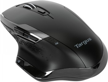 Targus Bluetrace Wireless Antimicrobial Mouse as an ergonomic choice Side profile of the black, ergonomically designed Targus Bluetrace mouse with buttons.