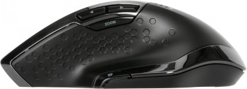 Targus Bluetrace wireless mouse captured from the side profile. Black wireless mouse with a honeycomb pattern on the side and multiple buttons, side profile.