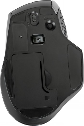 Targus Bluetrace Wireless Mouse - Antimicrobial Bottom The bottom of the Targus Bluetrace wireless mouse, black ergonomic design and sensor position.