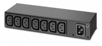 Black APC PDU device with eight C13 outlets and details on the front against a bright background.