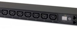 APC Rack PDU, 16A, 1U model power distribution unit Black 1U-sized APC power distribution unit with eight C13 outlets and an LED display on the right side.