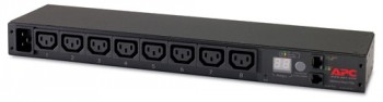 APC Rack PDU, 16A, 1U model power distribution unit Black 1U-sized APC power distribution unit with eight C13 outlets and an LED display on the right side.