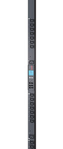 Long and narrow, black power distribution unit with multiple plug connections and a digital display panel.