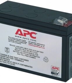 Front of a black rectangular battery with a white label and a red APC logo.