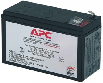Front of a black rectangular battery with a white label and a red APC logo.