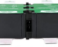 Green and black replacement battery, rectangular shape, photographed from the front at the connector area.