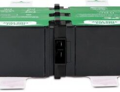 APC Replacement Battery Cartridge #124 - battery spare cartridge Green and black rectangular APC battery, two connectors in the middle, front view.