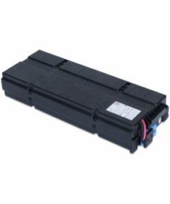 Black-cased rectangular replacement battery with connectors in the bottom corner on a light background.
