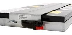 Flat rectangular backup power battery pack, gray body and black ends, red connection cable.