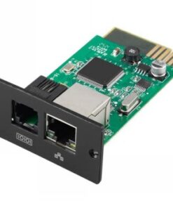 APC EASY UPS ONLINE SNMP card, green circuit board in close-up, two network connectors in the foreground.