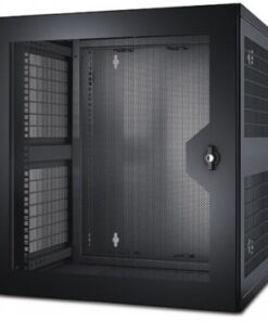 The front door of the black network cabinet is ventilated, and mounting rails are visible on the sides.