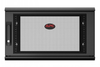 Wall-mounted black APC cabinet enclosure with a mesh front panel and lock.