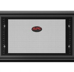 The front of a black wall-mounted APC cabinet with a mesh metal panel and a red APC logo.