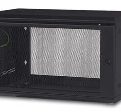 APC NetShelter WX 6U IT Cabinet - Wall-Mount Solution Black wall-mounted 6U IT cabinet with a metal mesh front panel and space for equipment.