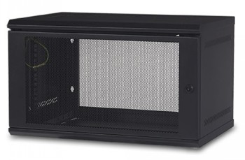 Black wall-mounted 6U IT cabinet with a metal mesh front panel and space for equipment.