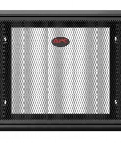 Black wall-mounted APC 9U cabinet with a metal mesh door and a red APC logo in the center.
