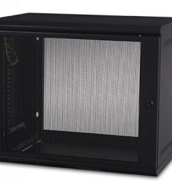 Black wall-mounted 9U rack for network cables, patch panels, and lockable door.